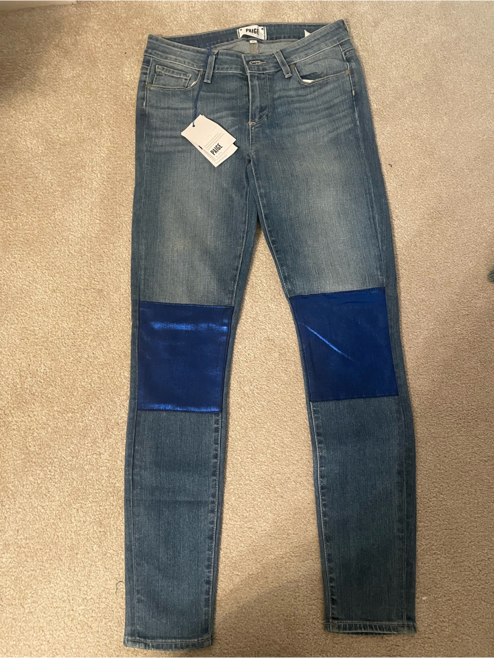 NWT PAIGE Verdugo Ultra Skinny Jeans with Blue Metallic Knee Patch Size 28